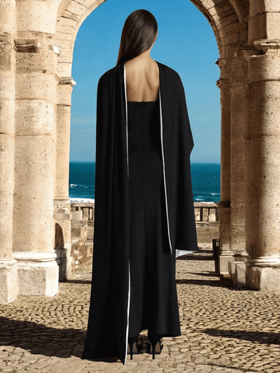 Black Una Flared Sleeve Flower Strappy Maxi Gown with floral details for weddings and formal events.