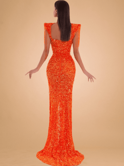 Pearl Chain Tassels Design Orange Sequins Gown