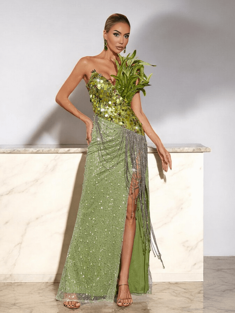 Asi High Split Feather Sequin Maxi Dress with feather details