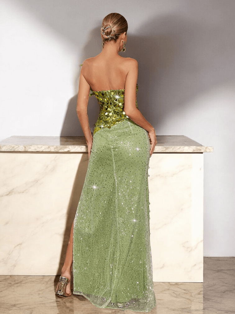 Asi High Split Feather Sequin Maxi Dress with feather details