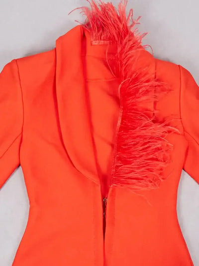 Yolo Red Trousers Set with Feather Trim – High-Waisted Pants and Matching Jacked for Women