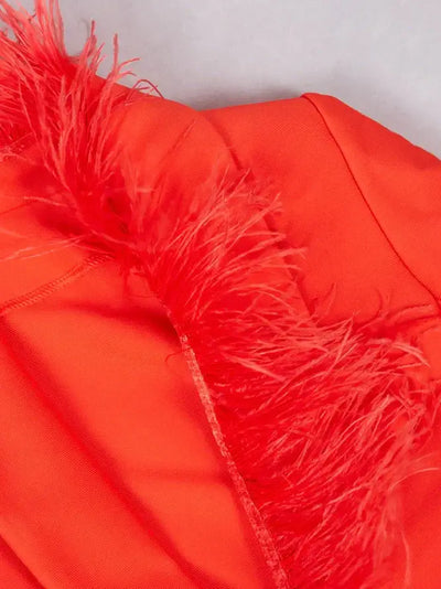 Yolo Red Trousers Set with Feather Trim – High-Waisted Pants and Matching Jacked for Women