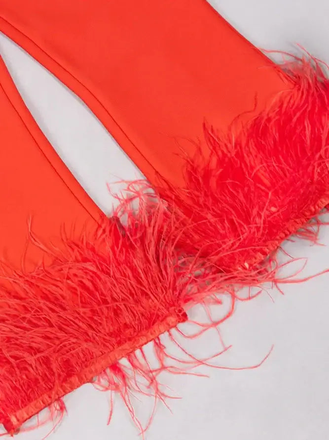 Yolo Red Trousers Set with Feather Trim – High-Waisted Pants and Matching Jacked for Women