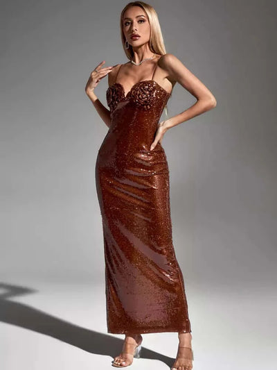 Carmelitta Brown Sequin V-Neck Maxi Evening Dress