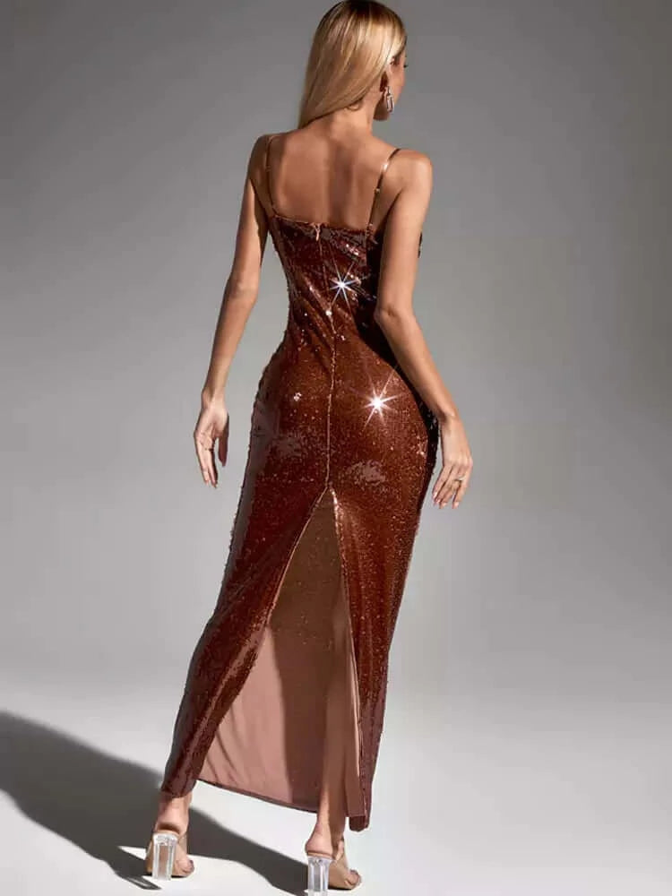 Brown Sequin V-Neck Maxi Evening Dress