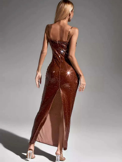 Carmelitta Brown Sequin V-Neck Maxi Evening Dress