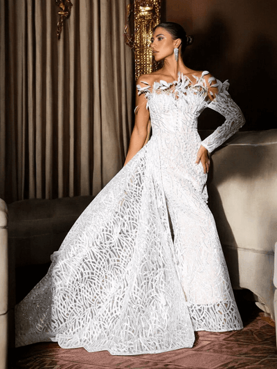 White Beadwork Feather Maxi Dress with Elegant Embellishments