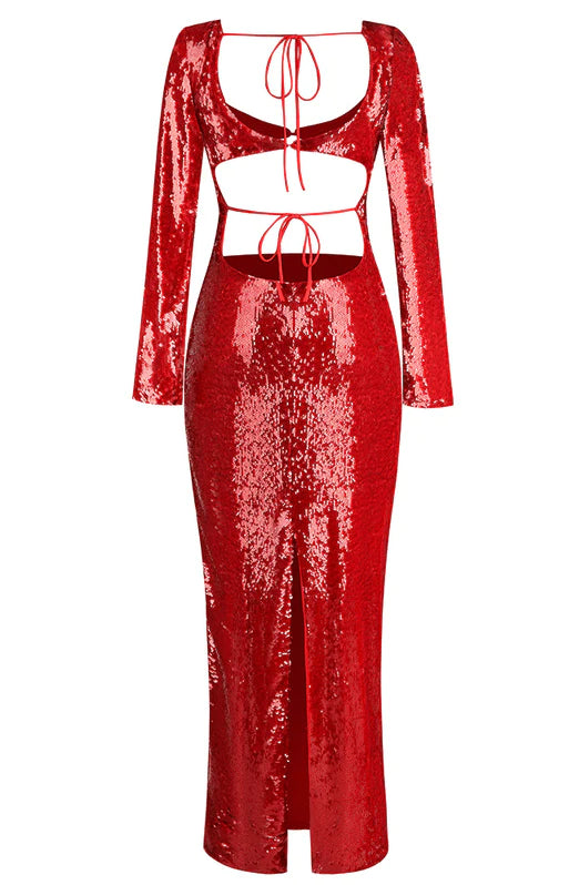 Elegant red maxi dress with long sleeves, adorned with sequins and featuring a stylish cutout backless design