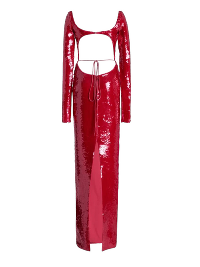 Elegant red maxi dress with long sleeves, adorned with sequins and featuring a stylish cutout backless design