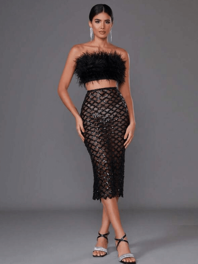 Lora Feather Design Sequins Mesh Splicing Bandage Two Piece Set