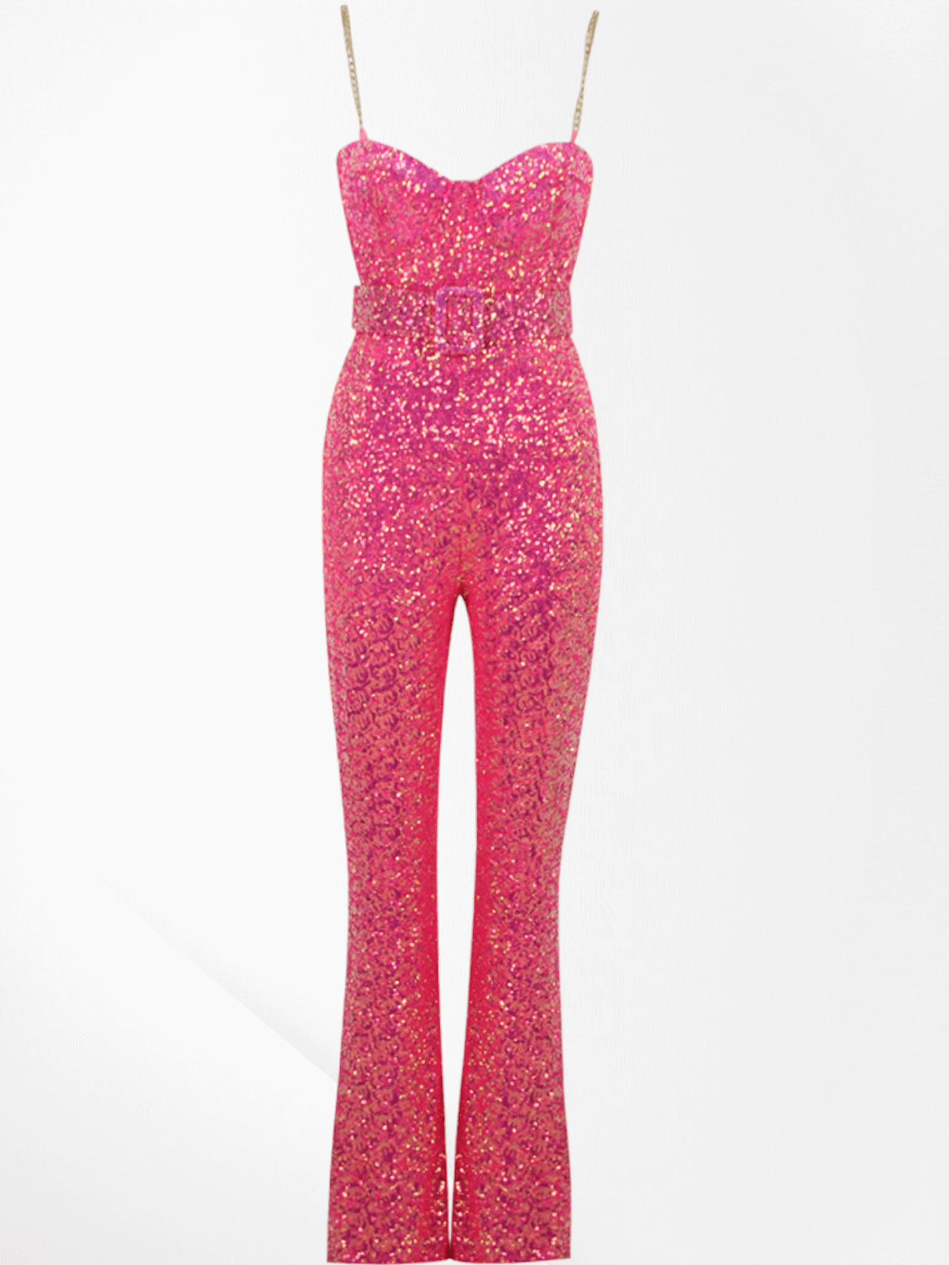 Pink sequined jumpsuit with spaghetti straps and coordinating belt