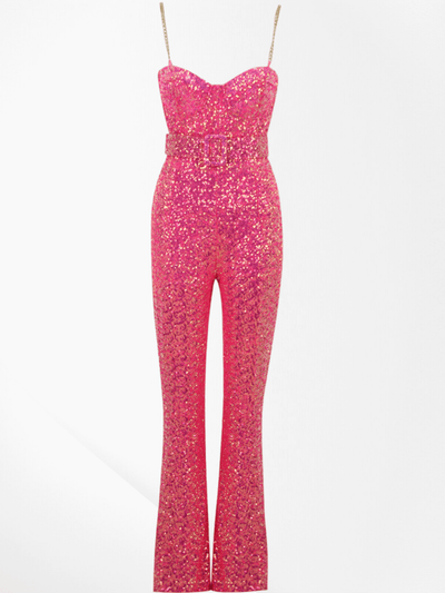 Pink sequined jumpsuit with spaghetti straps and coordinating belt