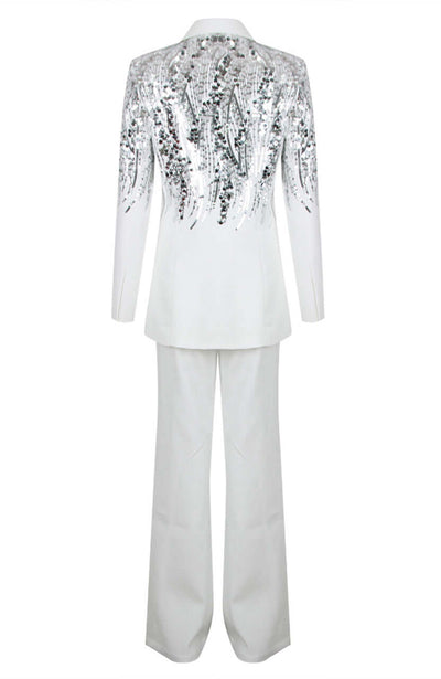 Elegant two-piece set in white with intricate sequin detailing for a glamorous look.