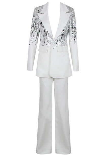 Elegant two-piece set in white with intricate sequin detailing for a glamorous look.
