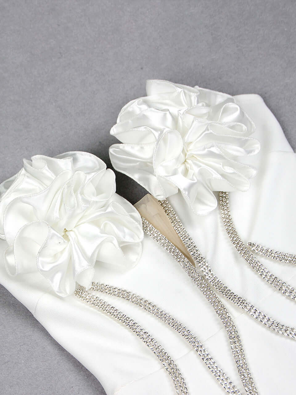 White Strapless Flower Detail Crystal Mermaid Maxi Dress with floral and crystal embellishments for weddings and formal events.