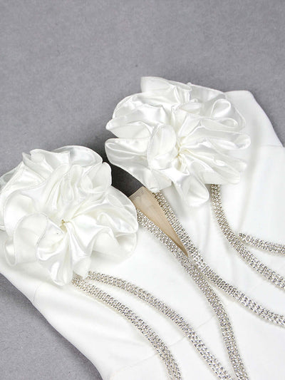 White Strapless Flower Detail Crystal Mermaid Maxi Dress with floral and crystal embellishments for weddings and formal events.