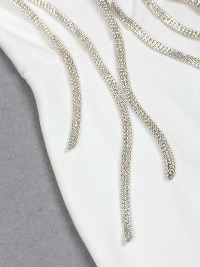 White Strapless Flower Detail Crystal Mermaid Maxi Dress with floral and crystal embellishments for weddings and formal events.