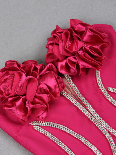 Hot Pink Strapless Flower Detail Crystal Mermaid Maxi Dress with floral and crystal embellishments for weddings and formal events.