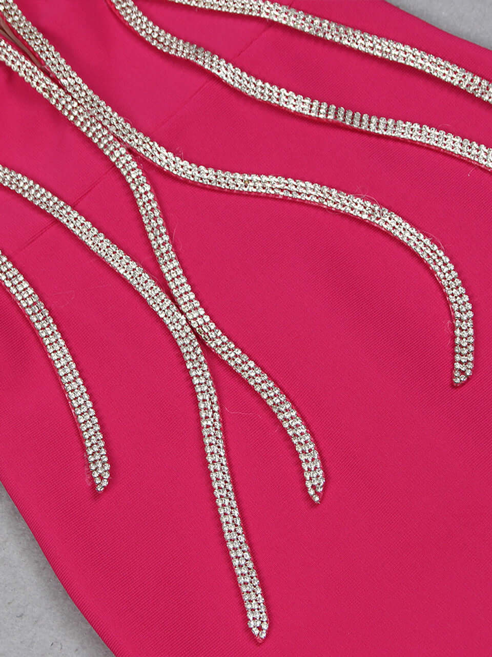 Hot Pink Strapless Flower Detail Crystal Mermaid Maxi Dress with floral and crystal embellishments for weddings and formal events.