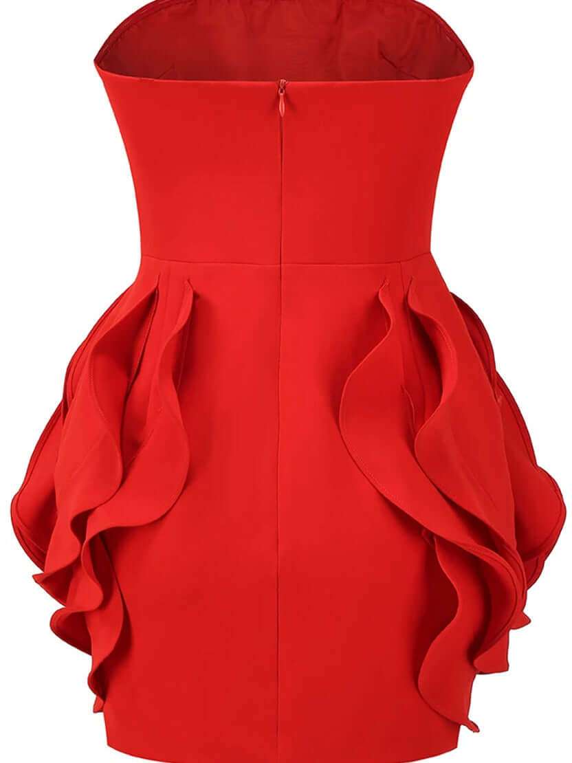 Red strapless dress with intricate flower detailing
