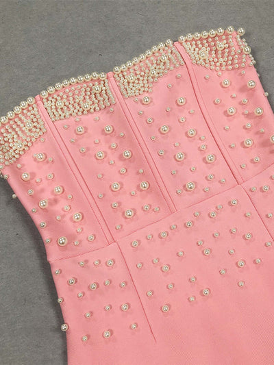 Strapless Pearl Detail Maxi Dress Pink