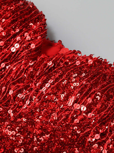 Red strapless sequin tassel bow dress – perfect for making a bold statement at any special occasion