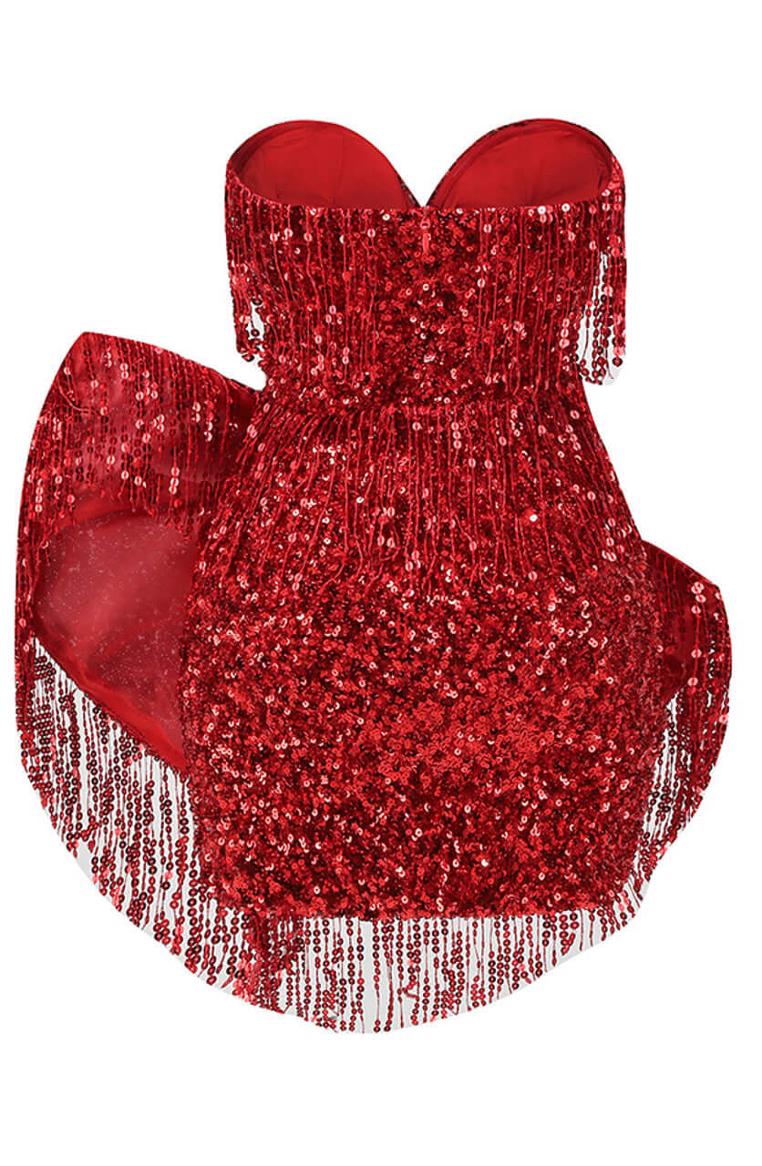 Red strapless sequin tassel bow dress – perfect for making a bold statement at any special occasion
