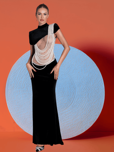 Pearl Chain Design Velvet Maxi Dress
