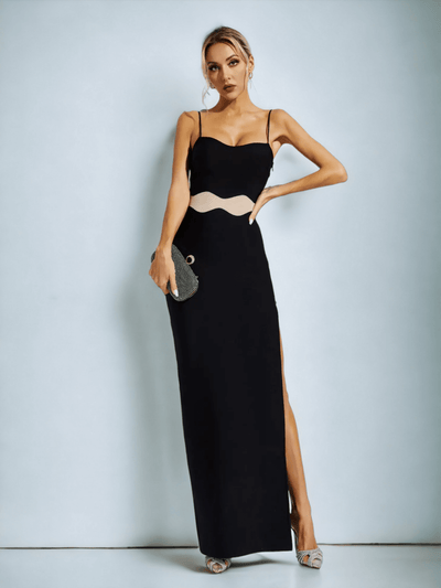 Elegant long dress featuring maxi length and tulle-panel detailing.