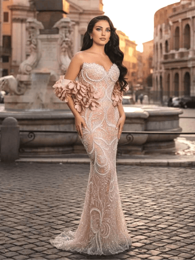 Strapless Pearl Sequin Maxi Dress – Nude