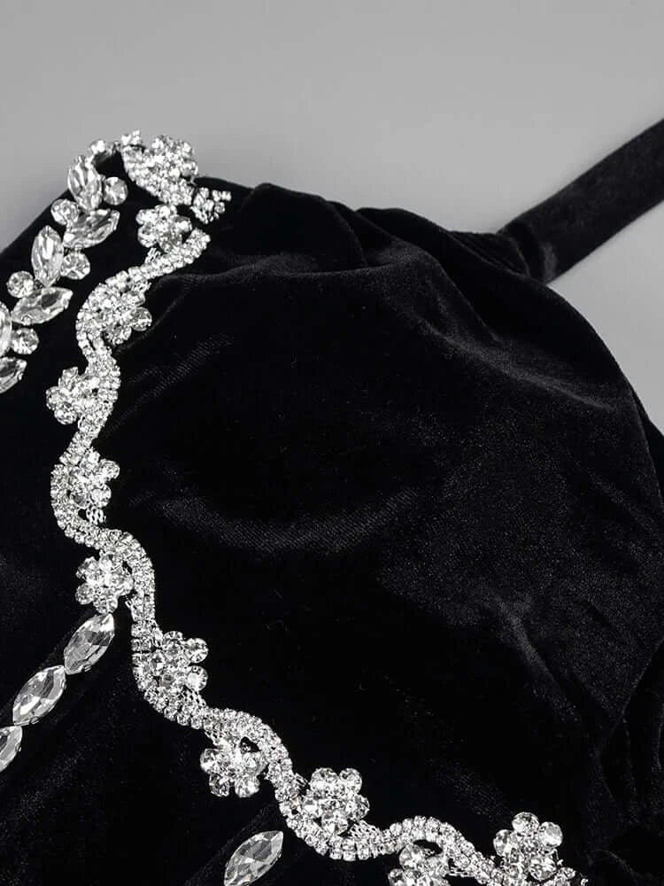 Black Velvet Maxi Dress with Halter Neck and Crystal Corset Detail