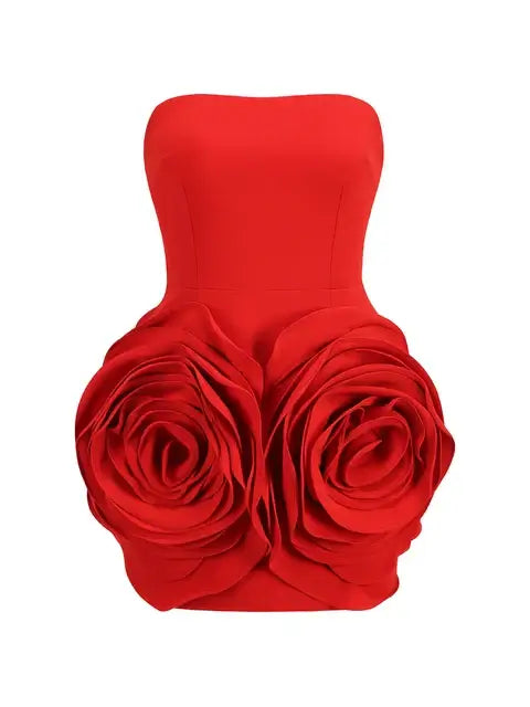 Red strapless dress with intricate flower detailing