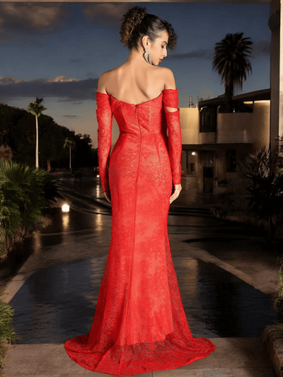 Long Sleeve Draped Lace Maxi Dress Red