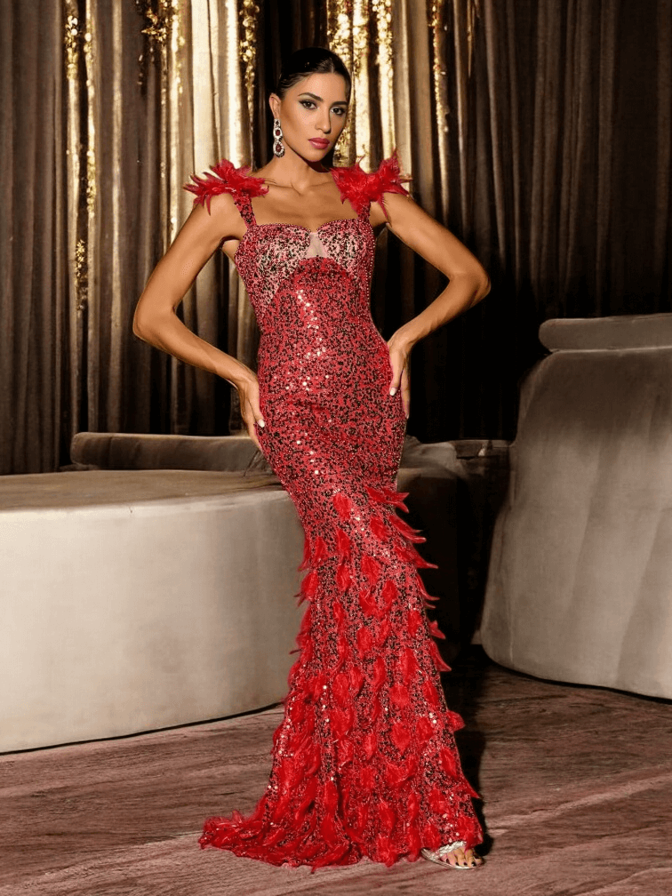 Red Glitter Sequins Maxi Dress with Sparkling Details