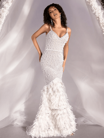 White Pearl Sequin Feather Mermaid Maxi Dress with Elegant Details