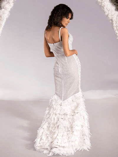 White Pearl Sequin Feather Mermaid Maxi Dress with Elegant Details