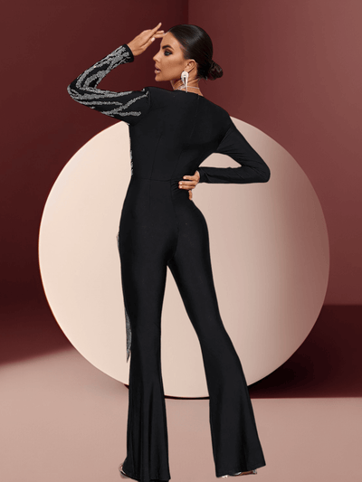 Black Crystal Jumpsuit: Elegant Long Sleeve Design