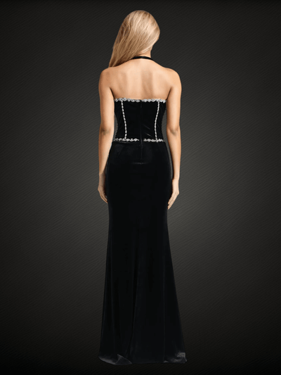 Black Halter Crystal Corset Maxi Velvet Dress