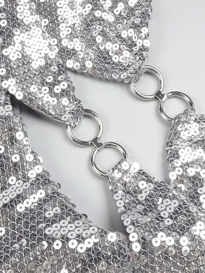 Metal Circle Design Silver Shiny Sequins Mini Dress