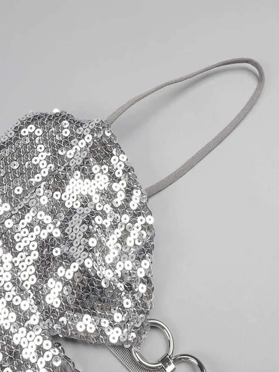 Metal Circle Design Silver Shiny Sequins Mini Dress