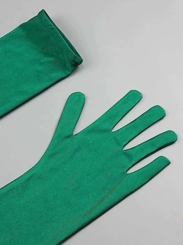 V Neck Draped Design Green Mini Dress With Gloves