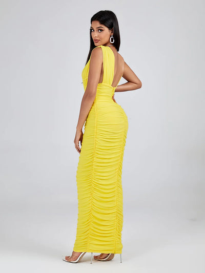 Yellow Mesh Deep V Neck Sleeveless Ruched Maxi Dress