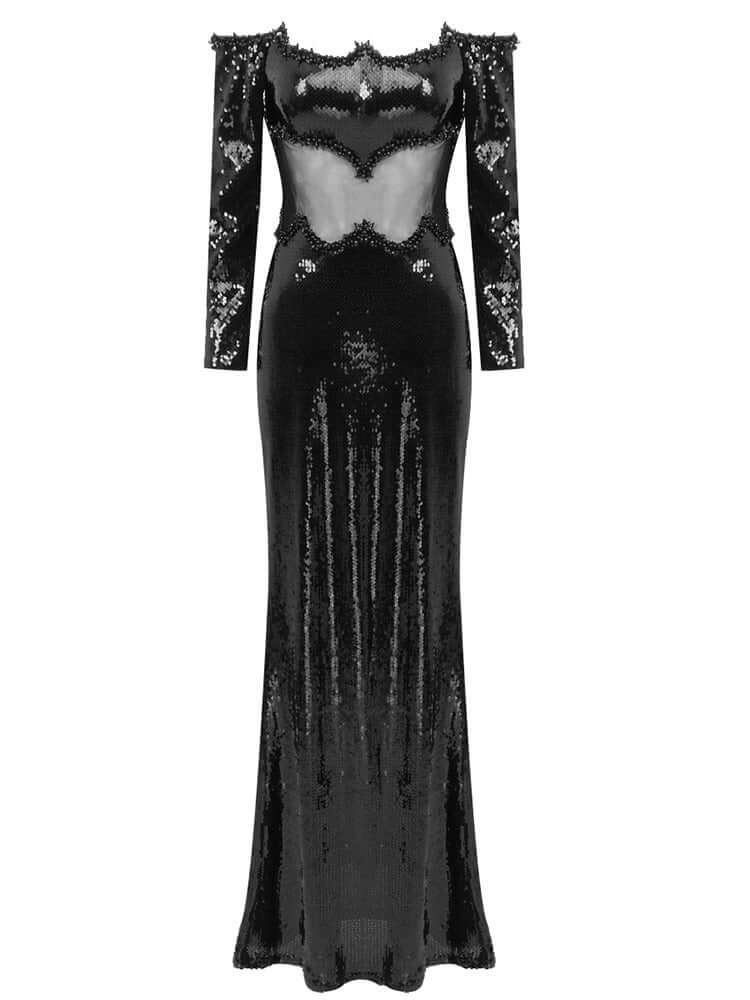 Black Long Sleeve Bardot Sequin Maxi Dress with Elegant Sparkling Details