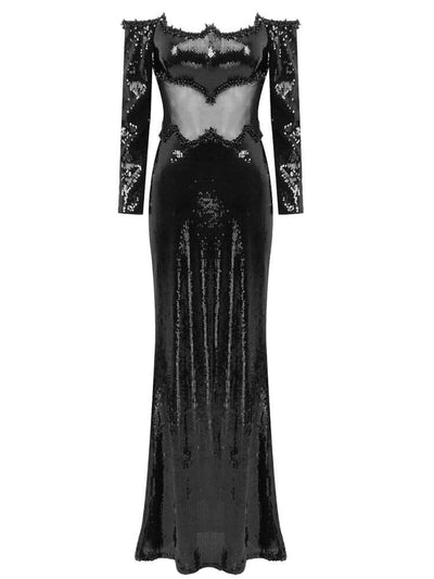 Black Long Sleeve Bardot Sequin Maxi Dress with Elegant Sparkling Details