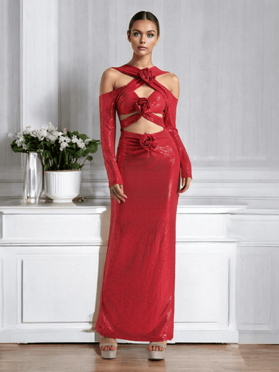 Red Maxi Dress with Long Sleeves and Sequin Flower Embellishments