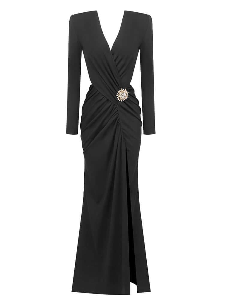 Black maxi dress with long sleeves and draped design.
