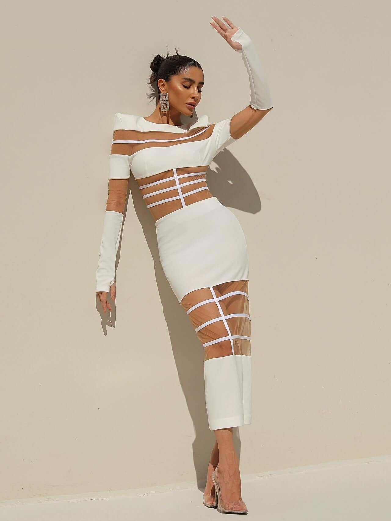 White Long Sleeve Mesh Insert Midi Dress - popular among fashion influencers and trendsetters on Valensia Seven