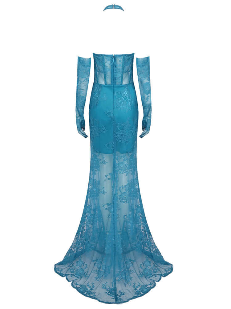 Turquoise Lace Halter Maxi Dress With Gloves
