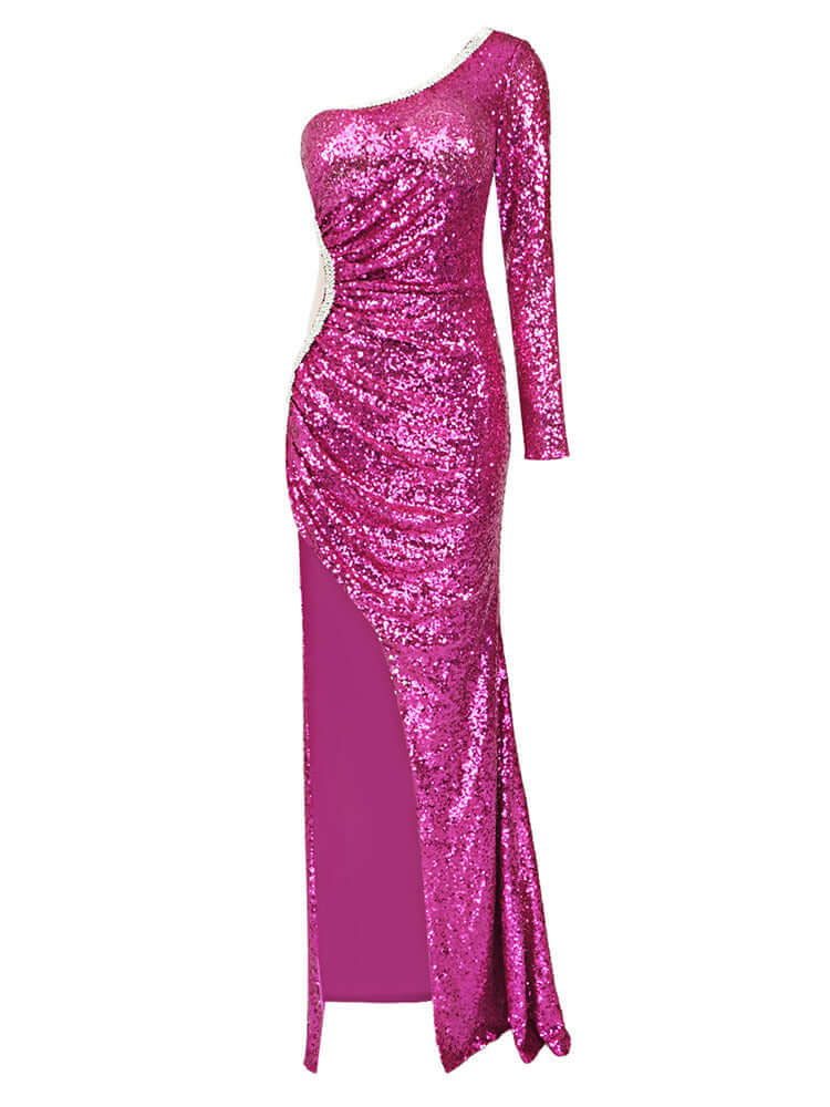One Shoulder Fuchsia Sequins Gown