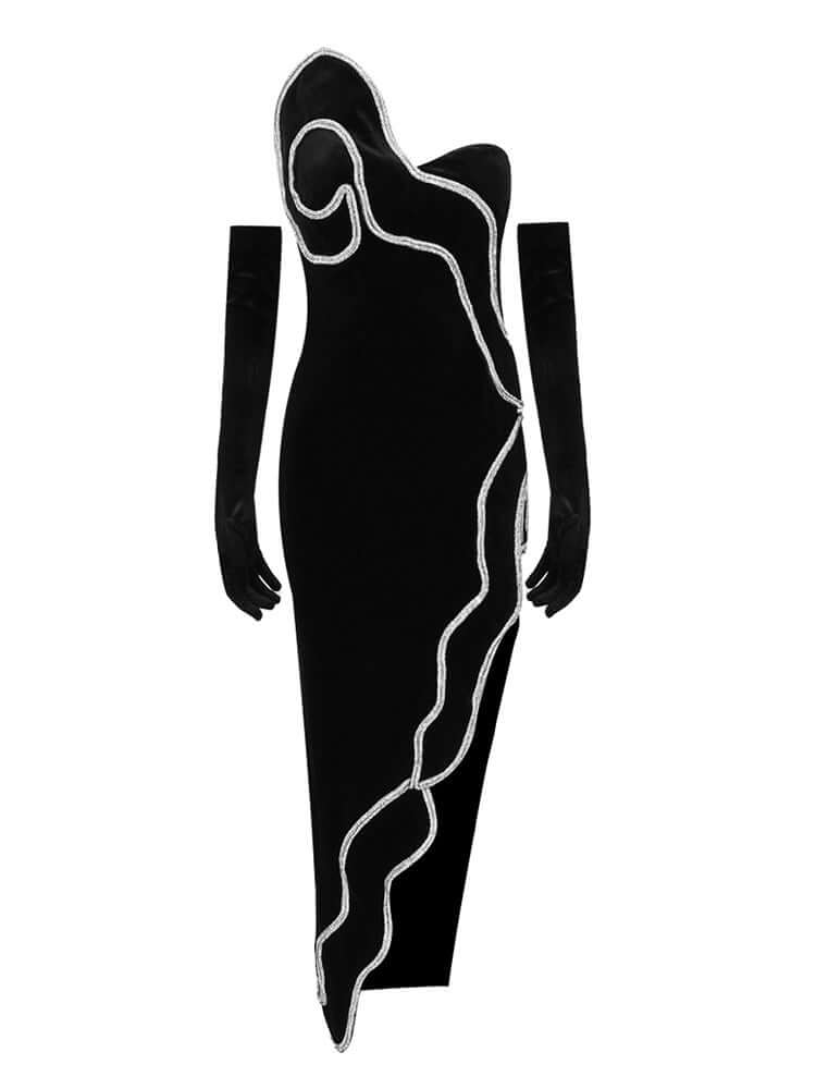 High Slit Crystal Design Velvet Maxi Dress